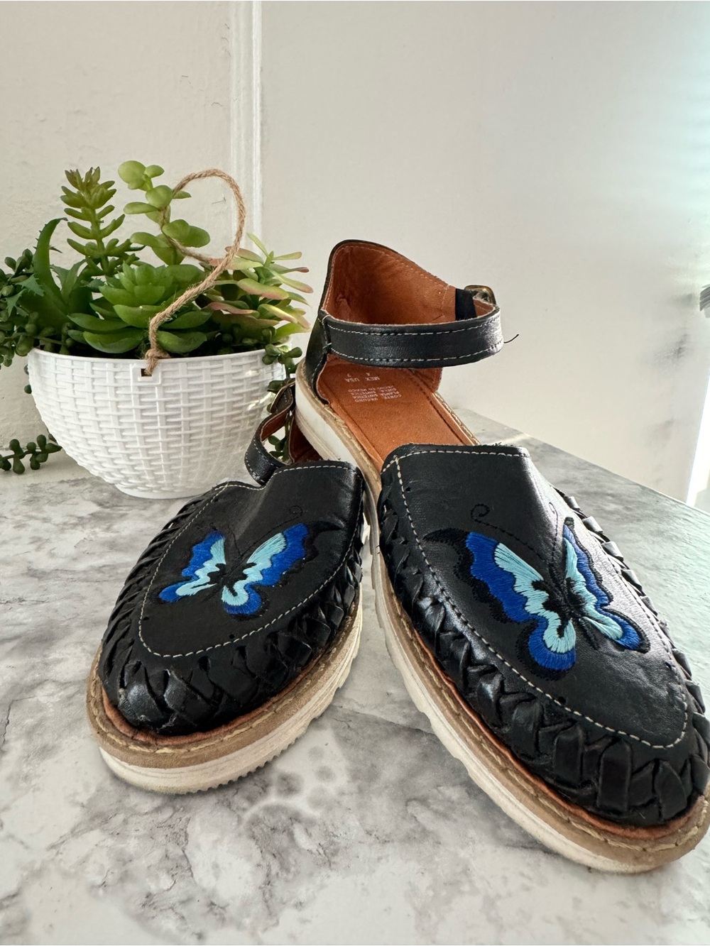 Black Leather Butterfly Embroidered Huarache Sandals